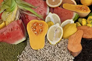 Images Dated 24th November 2011: South America, Mexico, Tecate. Display of fruit and grains at Rancho La Puerta. Credit as
