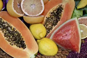 Watermelon Prints: South America, Mexico, Tecate. Display of fruit and grains at Rancho La Puerta. Credit as