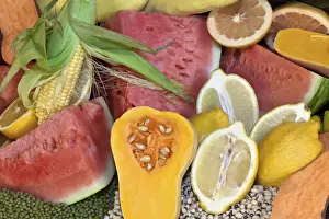 Images Dated 24th November 2011: South America, Mexico, Tecate. Display of fruit and grains at Rancho La Puerta. Credit as