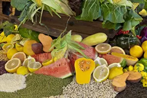 Images Dated 24th November 2011: South America, Mexico, Tecate. Display of fruit and grains at Rancho La Puerta. Credit as