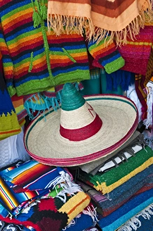 Blanket Prints: South America, Mexico, Teotihuacan. Sombrero and blankets for sale at market. Credit as