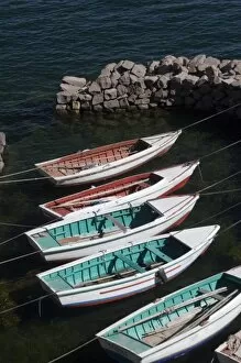 South America - Peru. Boats in harbor at Taquile Island on Lake Titicaca