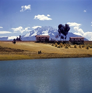 Altiplano Prints: South America, Peru, Chincheros. In Chincheros, golden-hued farmland is surrounded