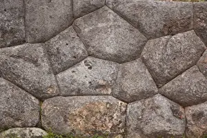 Inca Prints: South America, Peru, Cuzco. Details of an Inca stone wall at Fort Sacsayhuaman ruins