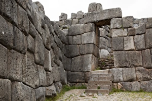 Images Dated 20th March 2009: South America, Peru, Cuzco. Inca stone walls, stairs and door at Fort Sacsayhuaman ruins