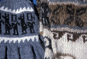 Images Dated 31st January 2005: South America, Peru, famous Pisac market, Peruvian crafts, hand knit gloves with llamas