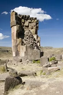 South America - Peru. Funerary towers called chullpas at the site of Sillustani near Lake Titicaca