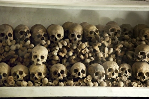 South America, Peru, Historic Centre of Lima. Skulls and bones in the crypt under
