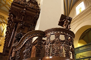 Lima Prints: South America, Peru, Lima, Historic Centre. Carved wooden pulpit in the Basilica Cathedral