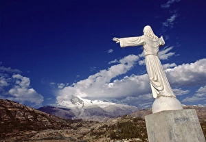 Jesus Christ Prints: South America, Peru, Yungay. A huge statue of Christ, marks the site of the 1970