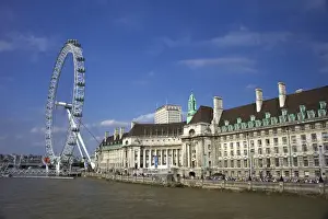 Ferris Wheel Prints: The South Bank of London showing the London Eye and County Hall along the Thames