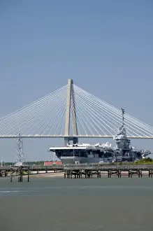 Images Dated 18th April 2011: South Carolina, Charleston. Ravenel Bridge and Yorktown aircraft carrier, now museum