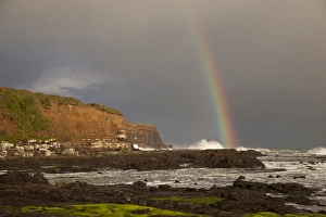 South Pacific, New Zealand, South Island. A rainbow arcs over Curio Bay. Credit as