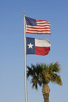 Clear Sky Prints: South Padre Island, Texas, North America, USA. United States and Texas Flags Beside