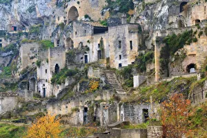 Southern Italy, Basilicata, canyon carved out by the Gravina. uninhabited caves in Sasso Caveoso