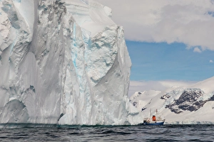 Rough Prints: Southern Ocean, Antarctica. Huge weathered tabular icebergs appear to loom over a ship