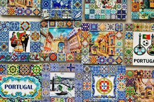 Ceramic Prints: Souvenir ceramic tiles magnets, crafts, Porto, Portugal. (Editorial Use Only)