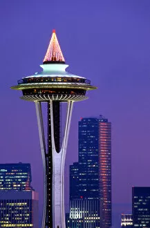 Space Needle; Christmas lights; decoration; holidays; seasonal; Seattle, Washington