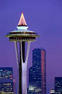 Space Needle Prints: Space Needle; Christmas lights; decoration; holidays; seasonal; Seattle, Washington