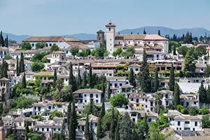 Granada Prints: Spain, Andalusia. Granada. VIew from the Alhambra gardens across town to the mirador