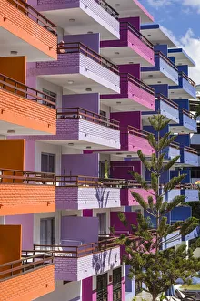 Prints of Spain, Canary Islands, Gran Canaria Island, Playa del Ingles, colorful balconies Images Dated 2019 November: Spain, Canary Islands, Gran Canaria Island, Playa del Ingles, colorful balconies