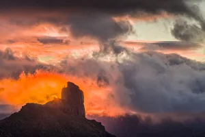 Prints of Spain, Canary Islands, Gran Canaria Island, Tejeda, mountain landscape with Roque Bentayga, sunset Images Dated 2019 November: Spain, Canary Islands, Gran Canaria Island, Tejeda, mountain landscape with Roque
