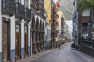 Prints of Spain, Canary Islands, La Palma Island, Santa Cruz de la Palma, Calle O Daly, street at dusk Images Dated 2019 November: Spain, Canary Islands, La Palma Island, Santa Cruz de la Palma, Calle O Daly