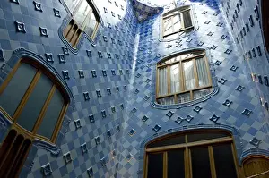 Spain, Catalonia, Barcelona. Gaudis Casa Batllo (1906). Blue tiled interior