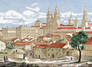 Contemporary Age Prints: Spain. Galicia. Santiago de Compostela. Partial view of the city with the Cathedral