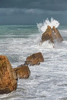 Sea Stack Prints: Spain, Liencres. Ocean waves and sea stack formations
