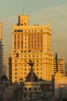 Build Prints: Spain, Madrid, Centro Area, elevated view of buildings along Gran Via and Edificio Espana