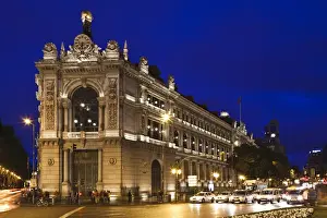 Traffic Prints: Spain, Madrid, Plaza de Cibeles, Banco de Espana building, dusk