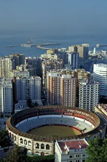 Sky Line Prints: Spain, Malaga, Andalucia View of Plaza de Toros (bullring) and cruise ship in harbor