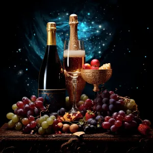 Danita Delimont AI Batch 2 High Res 133 Prints: Sparkling wine glass and bottles with grapes. (AI Generated)