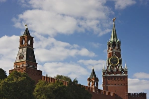 Kremlin Prints: Spasskaya Tower and towers on the Red Wall in Red Square, Moscow, Russia