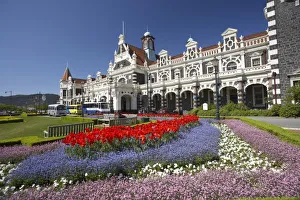 Renew Prints: Spring Flowers and Historic Railway Station, Dunedin, South Island, New Zealand