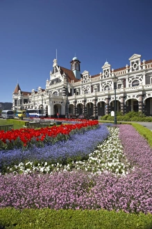 Spring Flowers and Historic Railway Station, Dunedin, South Island, New Zealand