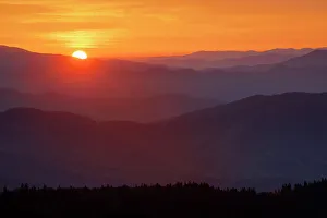 Spring sunrise view of mountains and mist, from Clingmans Dome area, Great Smoky Mountains National Park, North Carolina