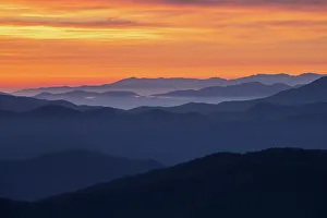 Spring sunrise view of mountains and mist, from Clingmans Dome area, Great Smoky Mountains National Park, North Carolina