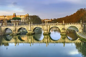 Rome Prints: St. Angelo Bridge, Tiber River reflection, Rome, Italy. Bridge first built by Emperor