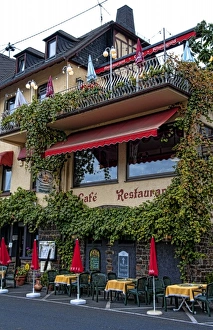 Prints of St Goar, St Goarhausen, Germany. Wine country village Restaurant Rheingold on Rhine River Images Dated 2027 October: St Goar, St Goarhausen, Germany. Wine country village Restaurant Rheingold on Rhine River