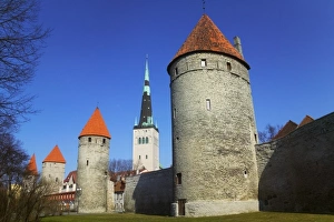 Tallinn Prints: St. Olafs Church and Town wall with towers, Tallinn, Estonia