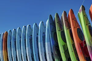 Prints of Stacked kayaks on a beach, Florida, USA Images Dated 2017 December: Stacked kayaks on a beach, Florida, USA