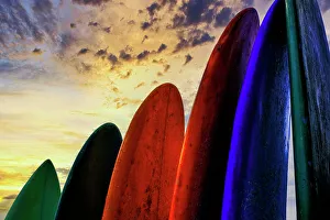 Images Dated 5th January 2023: Stacked surf boards at sunset after a day of surf school in Canggu, Bali, Indonesia