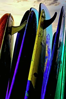Images Dated 5th January 2023: Stacked surf boards at sunset after a day of surf school in Canggu, Bali, Indonesia