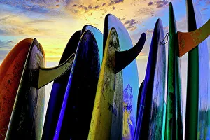 Images Dated 5th January 2023: Stacked surf boards at sunset after a day of surf school in Canggu, Bali, Indonesia
