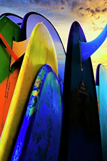 Images Dated 5th January 2023: Stacked surf boards at sunset after a day of surf school in Canggu, Bali, Indonesia