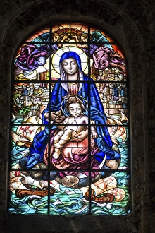 Glass Prints: stained glass window, Jeronimos Monastery, Lisbon, Portugal, Europe