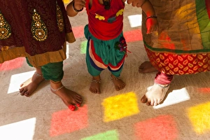 City Palace Prints: Stained glass window reflection on floor & feet, Chandra Mahal (City Palace), Jaipur