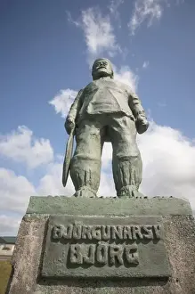 Legendary Prints: Statue of legendary local resident of small seaside village of Vik, the southernmost